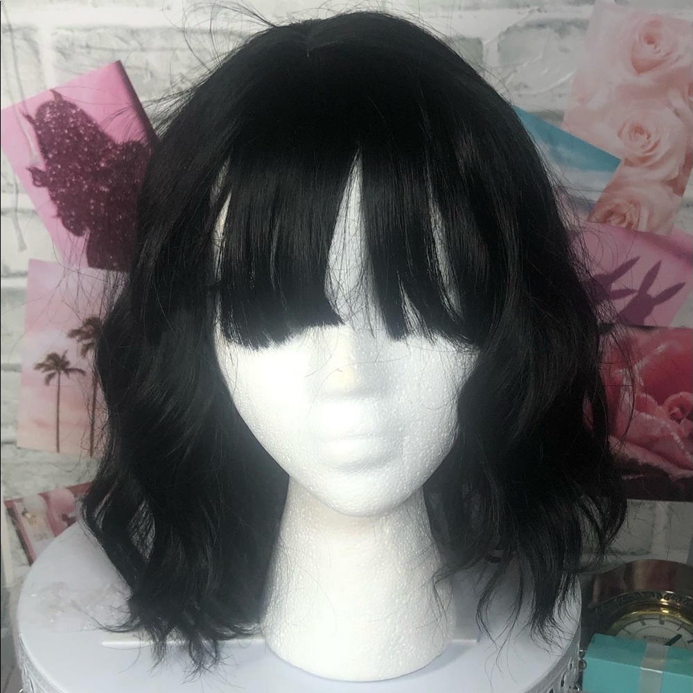 Darkest Brown Black Wavy Bob Wig with Bangs - New, Never Worn